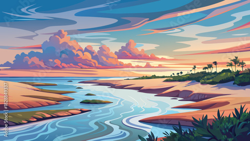 Very beautiful early-morning Atlantic shoreline with pastel skies reflecting across shallow tidal pools at low tide near Pawleys Island, South Carolina, featuring calm waves, smooth wet sand, and a se