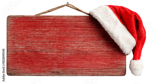 Rustic Red Wooden Sign Adorned with a Santa Hat  isolated on white background