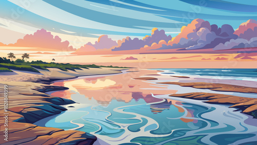 Very beautiful early-morning Atlantic shoreline with pastel skies reflecting across shallow tidal pools at low tide near Pawleys Island, South Carolina, featuring calm waves, smooth wet sand, and a se