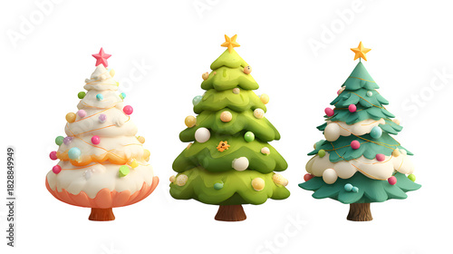 Whimsical Trio of Stylized Christmas Trees: Cake, Classic, and Minty Green  isolated on white background