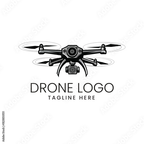 Detailed silhouette of a multi-rotor drone flying, representing technology, delivery, or photography Vector logo template