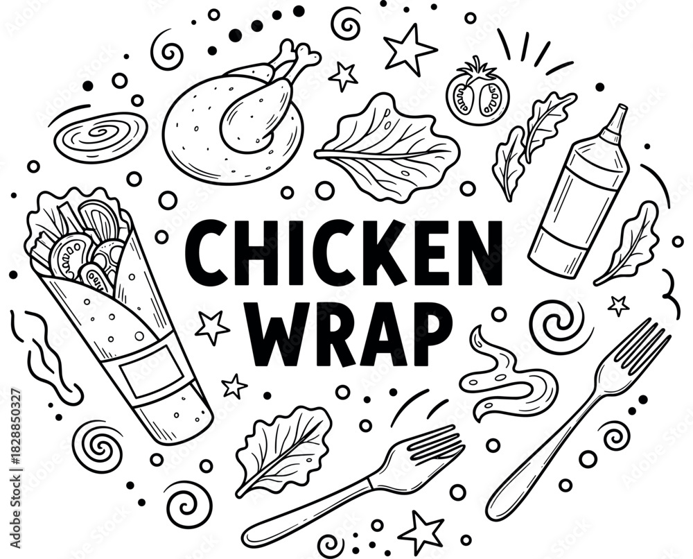Naklejka premium Black and white chicken wrap design with vegetables and kitchen utensils