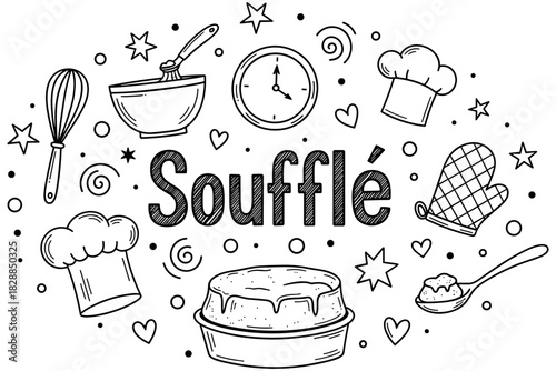 Soufflé recipe outline with kitchen tools and ingredients