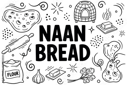 Naan bread ingredients and preparation in black and white illustration