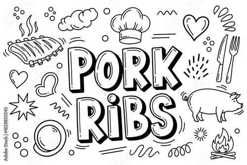 Pork ribs illustration with food and cooking elements in black and white