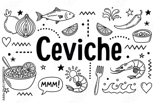 Ceviche ingredients and doodles with fish, shrimp, and citrus elements