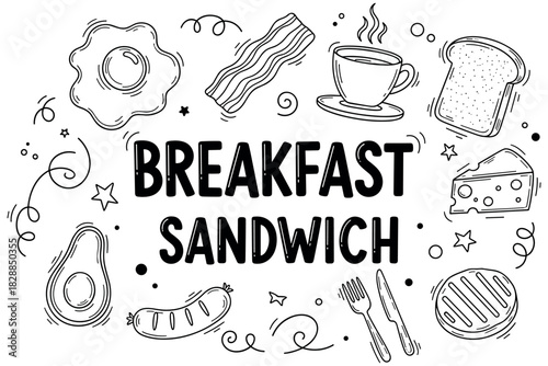 Breakfast sandwich ingredients with coffee cup and illustrations