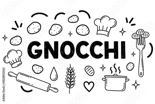 Gnocchi doodle art with kitchen utensils and ingredients