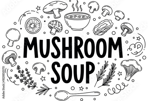 Mushroom soup ingredients: illustrated herbs and mushrooms