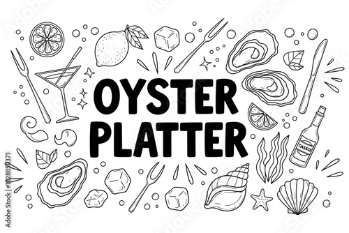 Illustrated oyster platter with lemons and cocktails in black and white