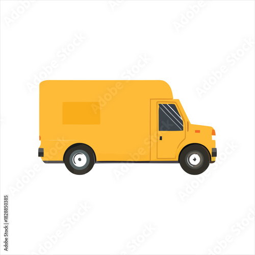 Vibrant yellow commercial delivery van depicted in a clean, modern flat design illustration, perfect for logistics, shipping, and transportation service concepts on a white background