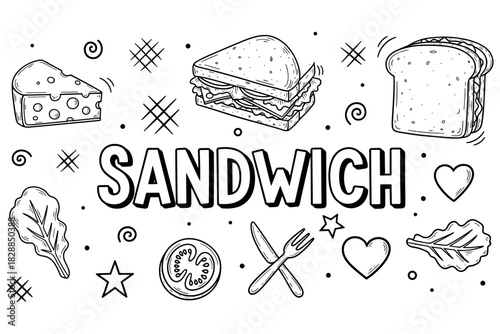 Hand-drawn sandwich and food elements in black and white doodle style