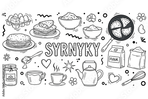 Hand-drawn syrnyky ingredients and cooking elements with doodles