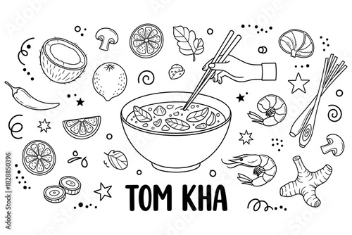 Line art of tom kha soup with ingredients and chopsticks