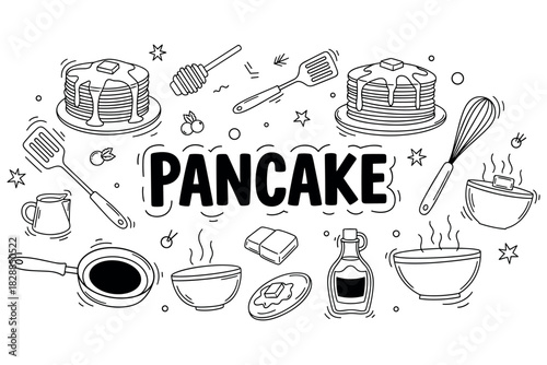 Hand-drawn pancake doodle art with cooking utensils and ingredients