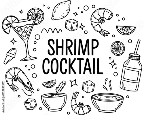 Shrimp cocktail design with lemon, ice cubes, and sauce elements