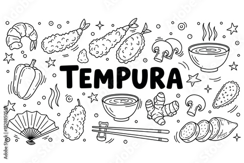 Tempura illustrations: shrimp, peppers, mushrooms, and more in black and white