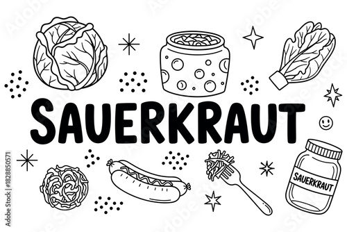 Sauerkraut illustration: cabbage, jar, hot dog, fork, and leaf art with stars and doodles