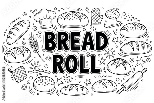 Variety of bread rolls with baking icons in black and white illustration
