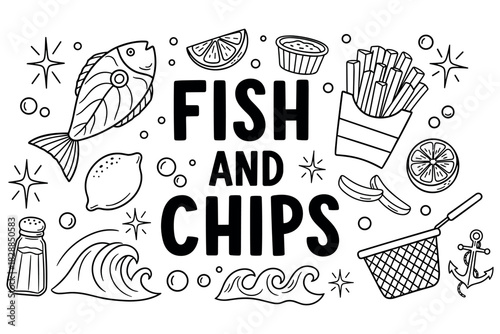 Fish and chips illustration: classic seafood and fries with waves and lemons