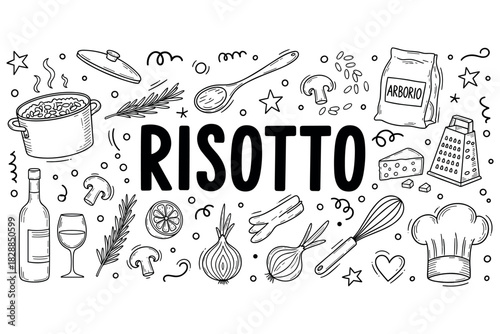 Risotto ingredients and cooking elements in black and white doodle art