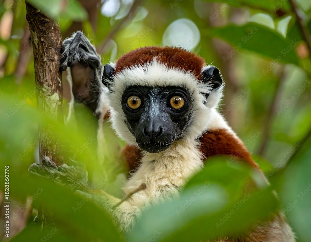 Fototapeta premium A close-up portrait of a lemur with striking eyes peeks through the verdant foliage, clinging to a slender branch
