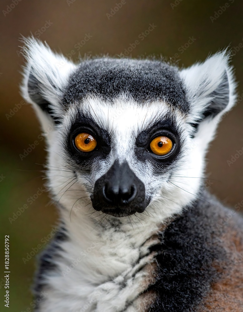 Fototapeta premium A close-up portrait of a lemur with striking amber eyes and a distinctive black and white face. The animal is in focus
