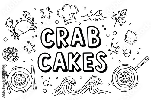 Crab cakes illustration with cooking utensils and sea-themed elements