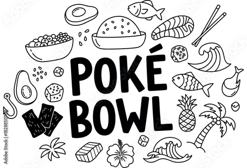Black and white poke bowl illustration with tropical elements and seafood icons