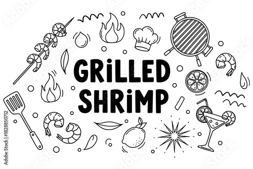 Grilled shrimp bbq illustrated poster with cooking elements and seafood icons