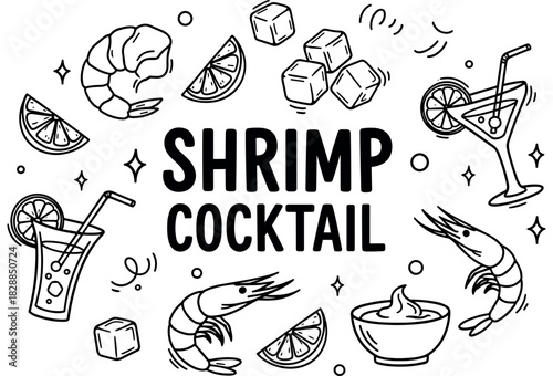 Black and white shrimp cocktail design with drinks, lemons, and ice cubes