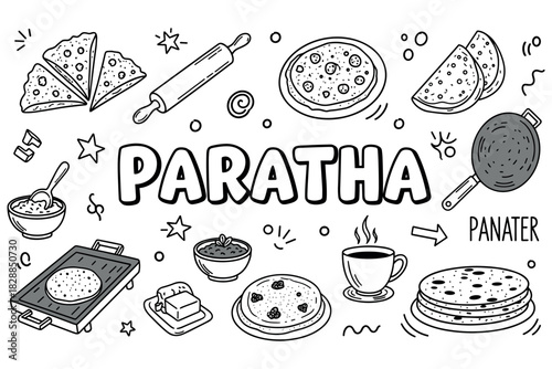 Illustrated paratha doodles with utensils and ingredients in black and white