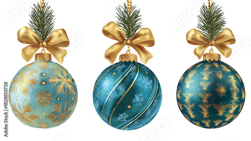 Elegant Trio of Blue Christmas Ornaments with Gold Bows and Patterns  isolated on white background