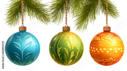Vibrant Trio of Patterned Christmas Ornaments Hanging from a Pine Branch isolated on white background