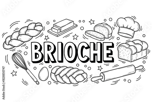Brioche ingredients and baking illustrations including bread, whisk, rolling pin, and chef hat