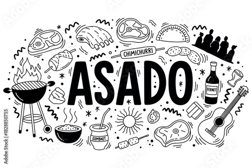Asado bbq: traditional argentine cuisine and festive elements illustrated