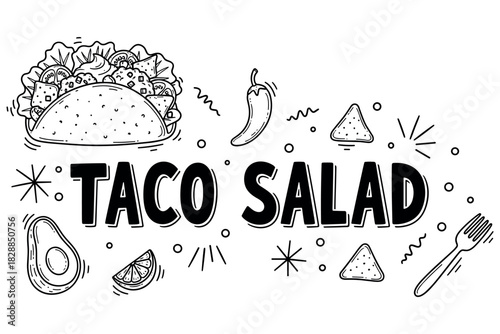 Black and white taco salad illustration with ingredients and doodles
