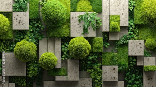 Modern concrete wall texture with vibrant green plants and lush moss elements, showcasing contemporary biophilic design.