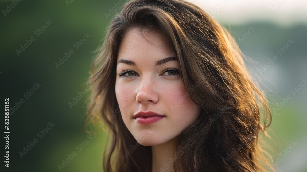 Naklejka premium Close-Up Portrait of a Young Woman with Long Brown Hair and Natural Makeup Against a Softly Blurred Green Background in Warm Natural Light