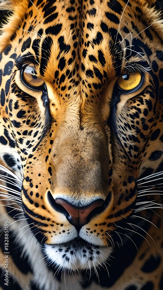 Fototapeta premium A close-up portrait of a leopard's face, displaying its intense gaze and distinctive spotted coat. Captures the wild beauty