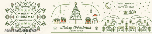 Festive christmas and new year design with trees santa houses and decorative elements in a line art style