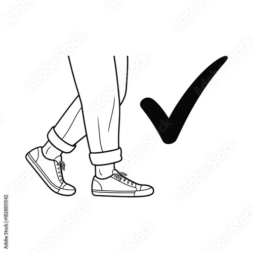 Correctly cuffed pants and sneakers with a check mark