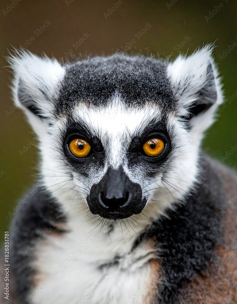 Fototapeta premium A close-up portrait of a ring-tailed lemur showcases its expressive face, detailed fur, and striking orange eyes. The backdrop is blurred