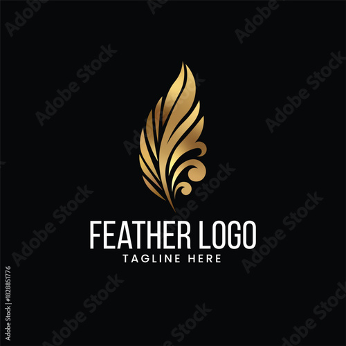 Stylized golden feather or wing with ornate details, representing luxury, lightness, or freedom Vector logo template