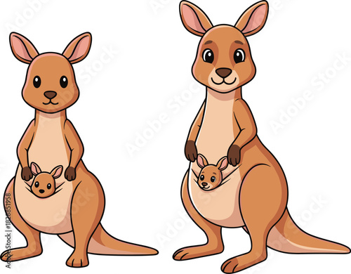 Cartoon Kangaroo Family with Joeys in Pouches, Standing Upright, Expressive Faces, Tail Extended, Marsupial Parenting, Wildlife Illustration, Cute Animals