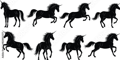 Set of eight black unicorn silhouettes, mythical horse icons, fantasy animal collection, magic stallion vector illustration for fairy tale design, isolated on white background.