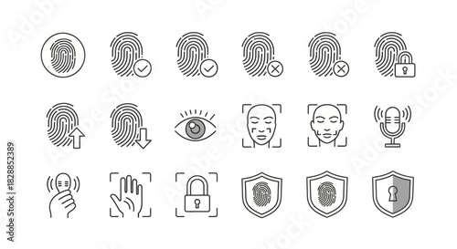 Collection of Digital Security and Biometric Identification Icons.