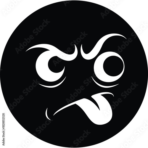 Grumpy face with tongue out in black and white illustration cartoon expression angry mood icon symbol