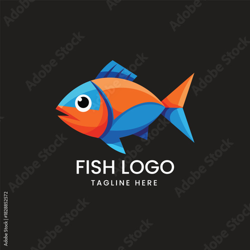 Colorful, stylized fish with large eyes and bright orange and blue scales, representing aquatic life Vector logo template