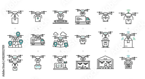 Collection of drone delivery icons with packages and buildings, line art style.